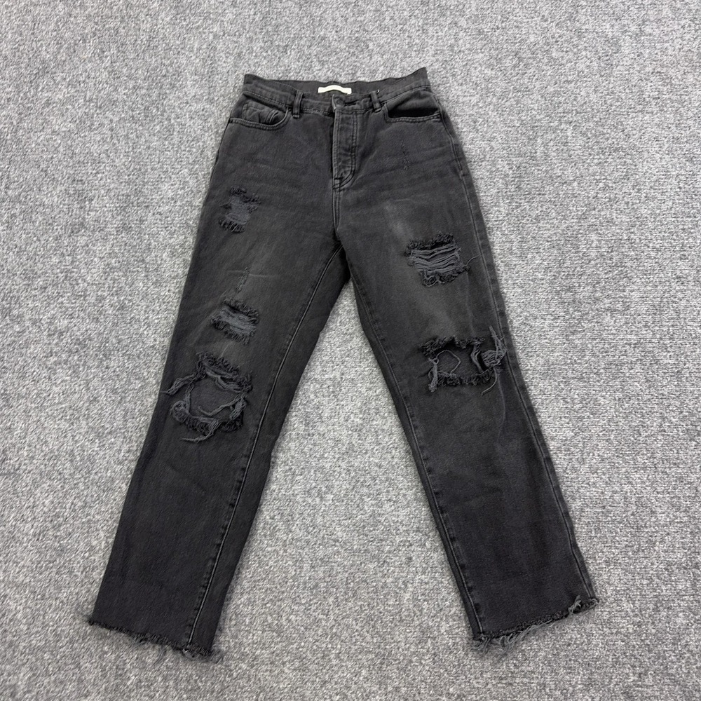 PacSun High Rise Straight Jeans Womens 25 Black Distressed Raw Hem Denim